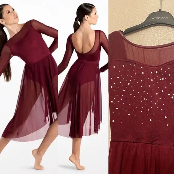 WEISSMAN solo Dance Costume burgundy red maxi Mesh High-Low Midi Dress  14614 LC
